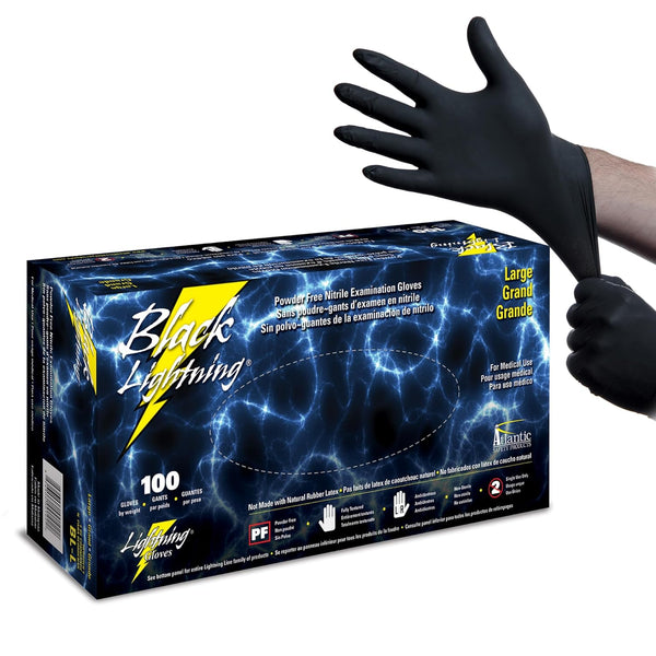 Black Lightning Disposable Exam Gloves, Powder-Free Nitrile, Large, 100-Ct
