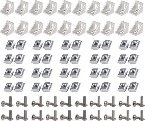 2020 Series Aluminum Profile Connector Set, 20pcs Corner Bracket, 40pcs T-Slot Nuts & Screws for 6mm Slot Aluminum