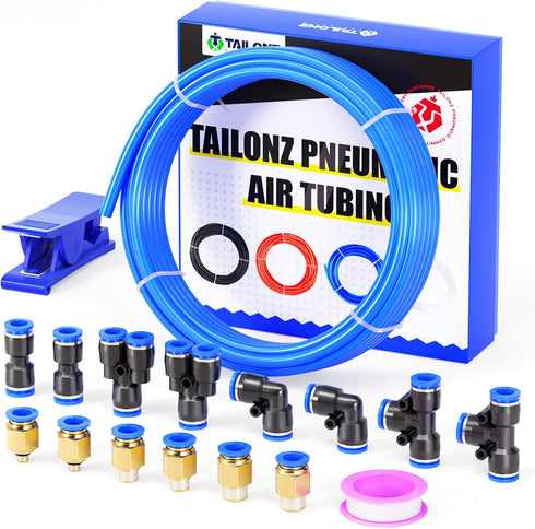 TAILONZ PNEUMATIC Blue 6mm OD 4mm ID Polyurethane PU Air Hose Pipe Tube Kit, 10 Meter