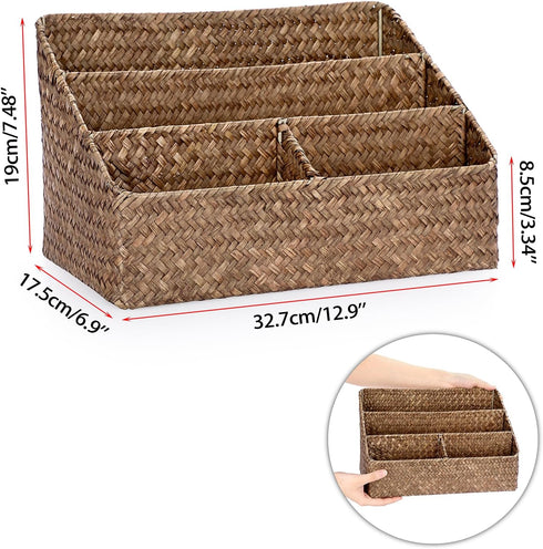 BTSKY Woven Storage Basket - Natural Seagrass Vertical Wicker Baskets with 4 Compartments, Home Office Sorter Rack