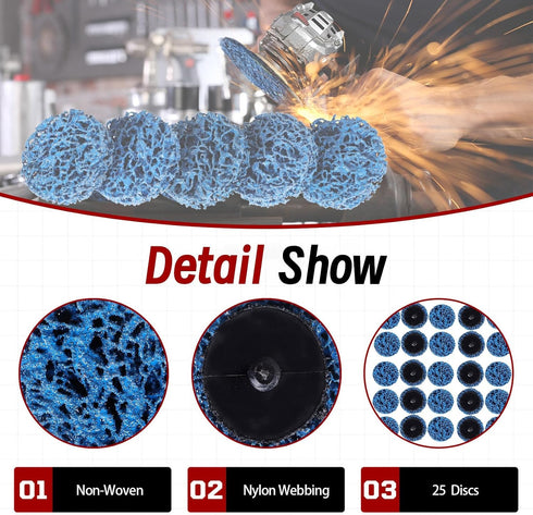 25-Pack 2" Quick Change Clean and Strip Discs Extra Coarse Blue Non-Woven Abrasive Pads Fits Angle Grinders for Paint