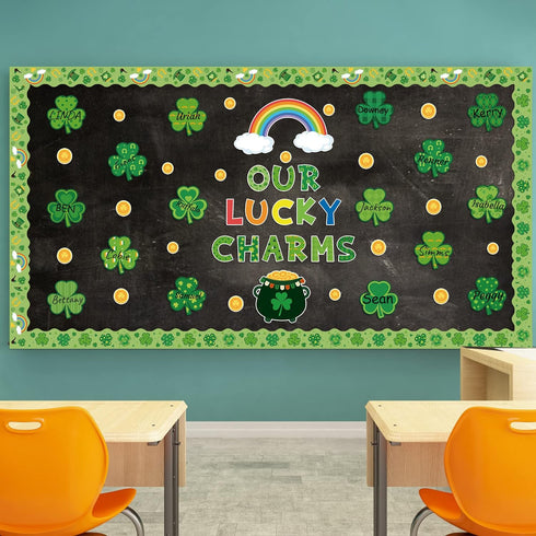 St. Patrick Shamrock Bulletin Board, 121P Classroom Decor with Clover Gold Rainbow Stockpot Cutouts for Home