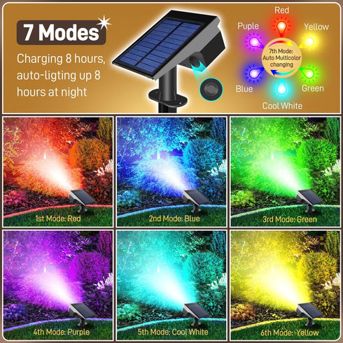 suifazy IP65, 7 26 2 Pack) RGB Solar Lights Outdoor Waterproof Lighting Modes Color Changing LED Solar Spot Lights