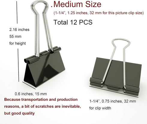 Binder Clips Medium Metal Clamp, 1.25 inch / 32 mm (Black, 12-PCS)