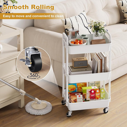 WBKATN 3 Tier Rolling Cart with Wheels, White Plastic Three Tiered Roller Shelf Cart on Lockable Wheels, Small Utility