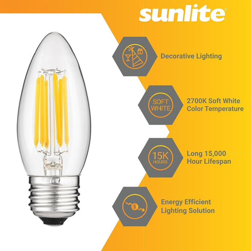 B11 Bulb, 5.5 (60W 600 E26 Dimmable, 90 2700K 6 Pack Sunlite LED Filament Torpedo Chandelier Light Watts Equivalent)