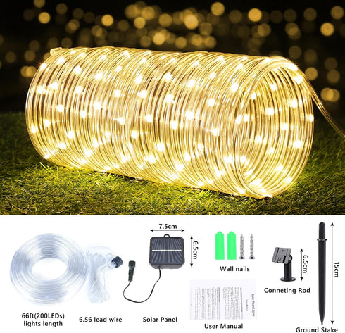 66ft 200LED 8 Solar Rope Lights, Solar String Lights, Modes Waterproof Solar Powered Outdoor Light, Flexible Clear Tube