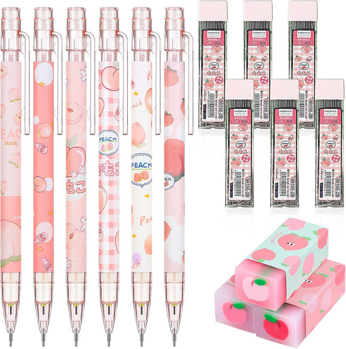 Sabary Kawaii Mechanical Pencil Set with Peach Mechanical Pencils, 0.5 mm Pencil Refills, and Cute Peach Erasers for