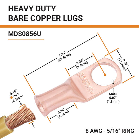 SELTERM 25pcs 8 AWG 5/16" Stud Battery Lugs - Heavy Duty Copper Wire Lugs, Battery Cable Ends, UL Bare Copper Eyelets
