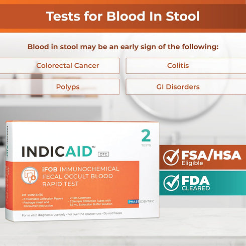 Immunochemical (2 Pack) INDICAID Fecal Occult Blood Test (iFOB), FIT Colon Test, Accurate and Easy at Home, No Prep