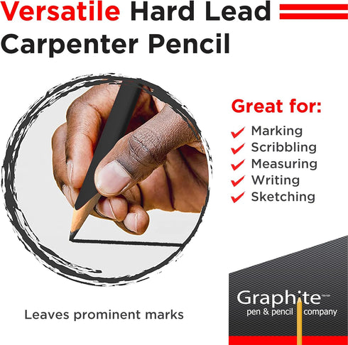GRAPHITE Hard Lead Carpenter Pencils, Bulk Pack of 12 Pieces, #2 (HB) - Black Wooden Pencil