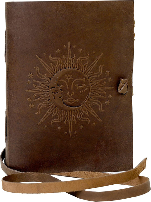 Sun & Moon Leather Journal, 7 x 5 Inch Handmade Paper Journal, Vintage Sketchbook for Women