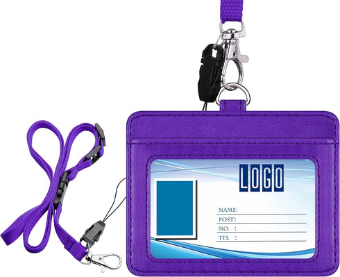 Wisdompro 2-Sided PU Leather ID Badge Holder - Purple (Horizontal) with 1 ID Window, 1 Card Slot, and 1 Piece 23 Inch