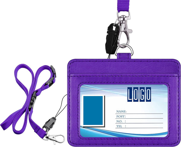 Wisdompro 2-Sided PU Leather ID Badge Holder - Purple (Horizontal) with 1 ID Window, 1 Card Slot, and 1 Piece 23 Inch
