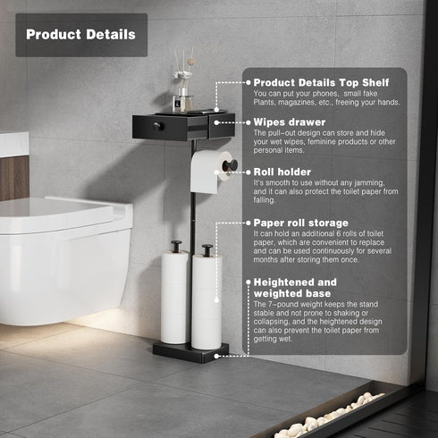 7 VOLDRA Toilet Paper Holder Stand with Shelf, Free Standing Black Toilet Paper Roll Holder with Wipes Storage Drawer