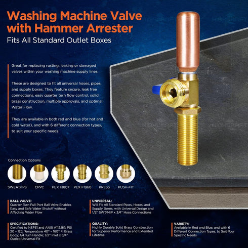 540UI Washing Machine Replacement Valve, 1/2’’ SWT/MIP Inlet x 3/4’’ MHT Outlet, Brass for Hot Water Supply