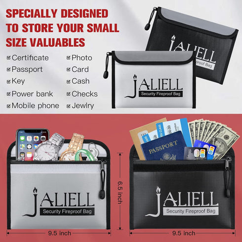 2 Pack (9.5x6.5''), Fireproof Money Bag Non-itchy Waterproof Fireproof Bag with Zipper, Small Fire Proof Money Bag