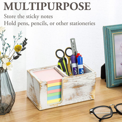 MyGift Shabby White Washed Solid Wood Sticky Note Holder, Office Desktop Storage Caddy for Memo Pads and Pens