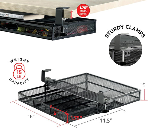 Under Desk Drawer Organizer Clamp-On, Mesh Metal Attachment, 1 Drawer Slide Out for Office Supplies & Home Essentials