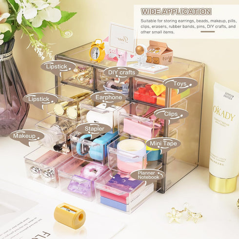 Desk Storage Organizer with 12 Mini Drawers - Clear Desktop Craft Drawer Cabinet for Makeup and Office Supplies