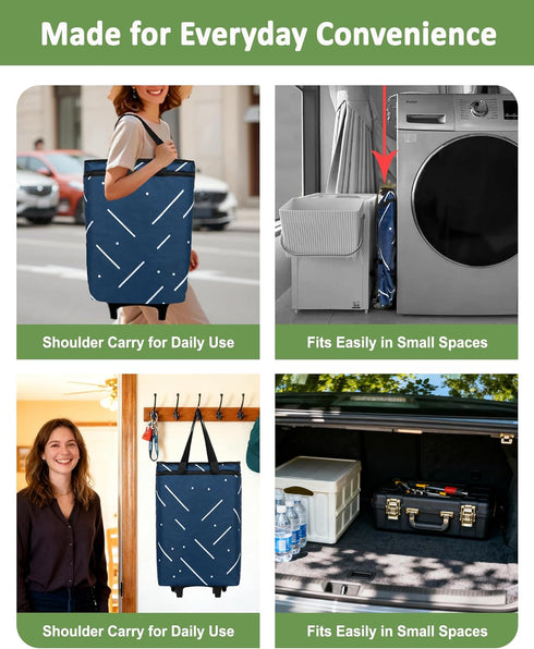 Dxiywa Foldable Rolling Bag, Portable Small Shopping Cart with Wheels, Collapsible Shopping Tote with Stylish Pattern