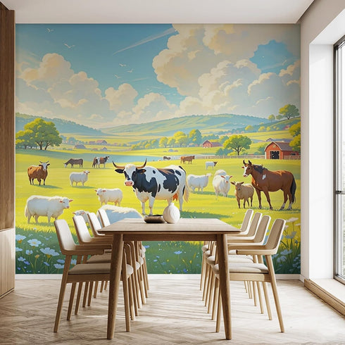 MazoAzuria Farm Animal Mural, Dairy Cow Sheep Horse Wallpaper for Living Room, Nature Landscape Wall Murals for Bedroom