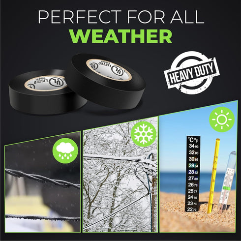 Black Electric Tape 10 Pack - 3/4 inch x 66ft PVC Electrical Insulating Tape, Waterproof, U/L Approved