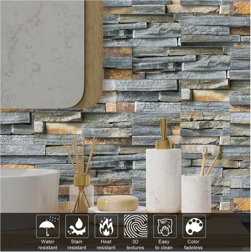 3-Pieces Peel and Stick Backsplash Tiles for Kitchen 4"x 12" PVC Self-Adhesive Subway Matte Faux Stone Wall Panel