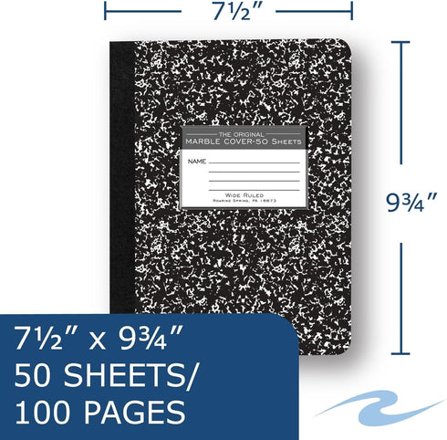 Roaring Spring Composition Notebook, Wide Ruled, 50 Sheets, 15# White Paper, 9.75"x7.75", Proudly Made in USA, Hard Board Black Marble Covers (Pack of 1)