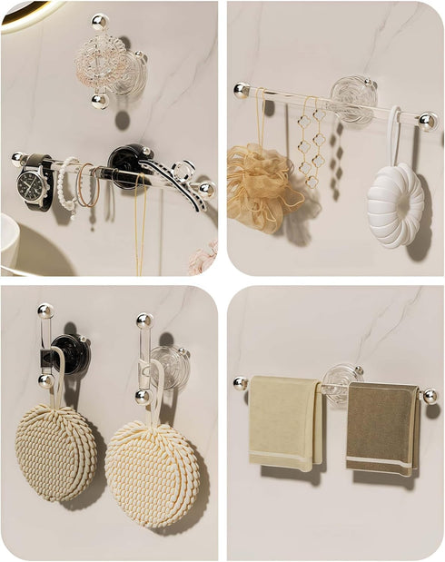 Ceramoon Set of Transparent Suction Cup Washcloth Bar & Suction Cup Hanger Hook Removable Reusable Suction Cup Rack