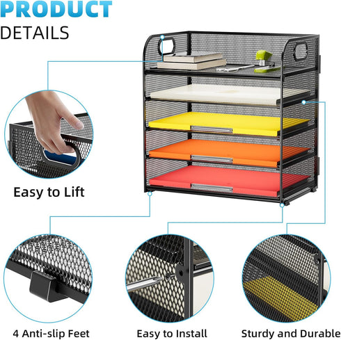 5 Tray Desk File Organizer, Mesh Paper Sorter Letter Tray Organizer with Handle, Desktop File Organizer and Storage for Letter/A4 Office File Folder by Lavatino