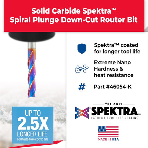 Amana Tool Spektra Extreme Tool Life Solid Carbide CNC Down-Cut Spiral Plunge Router Bit, 46054-K, 1/4 Dia