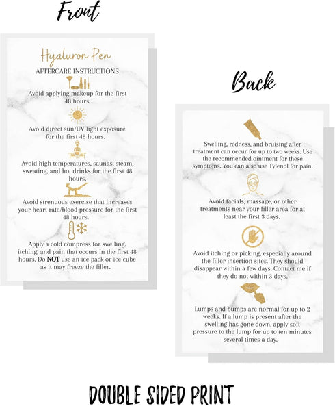 Hyaluron Pen Filler Aftercare Instruction Card, 50 Pack, Physical Printed Business Card Size, Marble Look Design