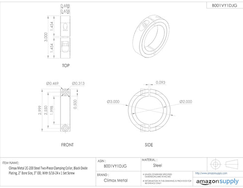 2C-200 Black Oxide Plated Steel Clamping Collar, 2" Bore Size, 3" OD, 5/16"-24 x 1" Set Screw