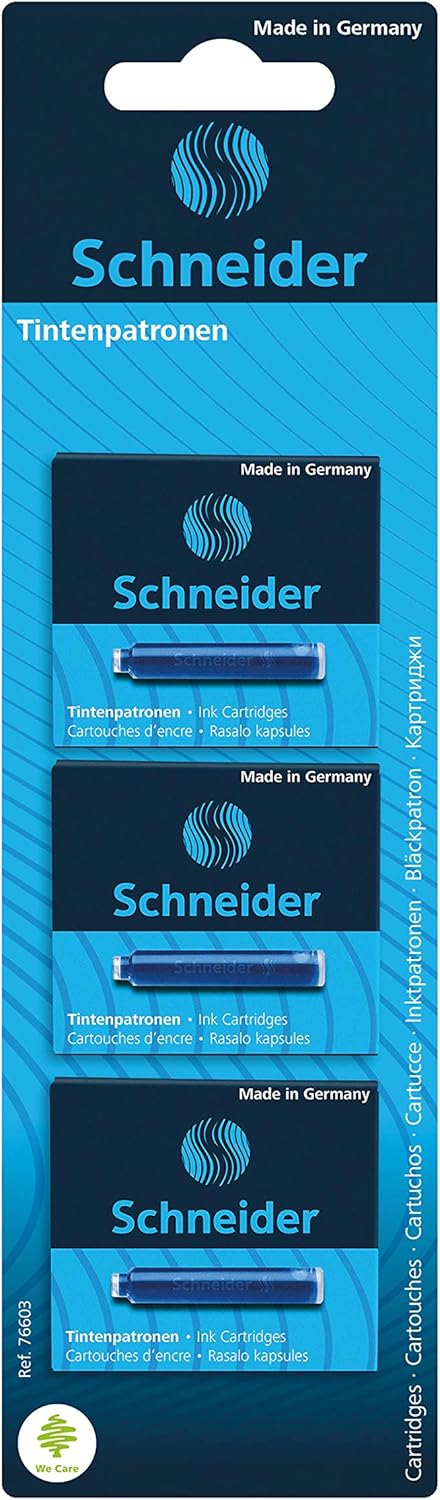 Schneider Ink Cartridge, Ball Closure, Refill for Fountain and Rollerball Pens, Blue Ink, Pack of 3 Boxes/6 Cartridges