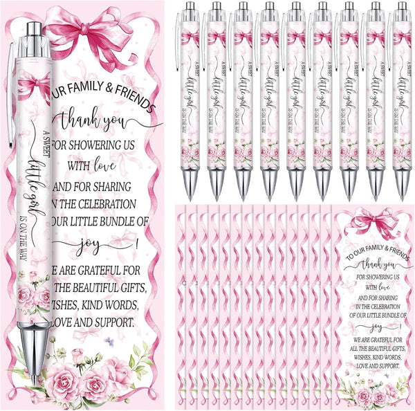 Sayglossy 50 Sets Pink Baby Shower Pens with Thank You Cards Baby Shower