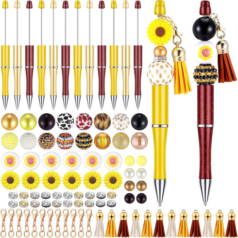 Teling 12 Pcs Beadable Pens, Plastic Black Ink Ballpoint Pen with Assorted Spacer Beads for DIY