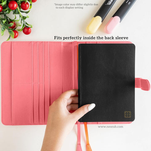 NEORAH B6 Notebook Sleeve with Loop + Dotgrid Journal, Faux Leather Sleeve with Penloop, 6 Card Slots, PINK