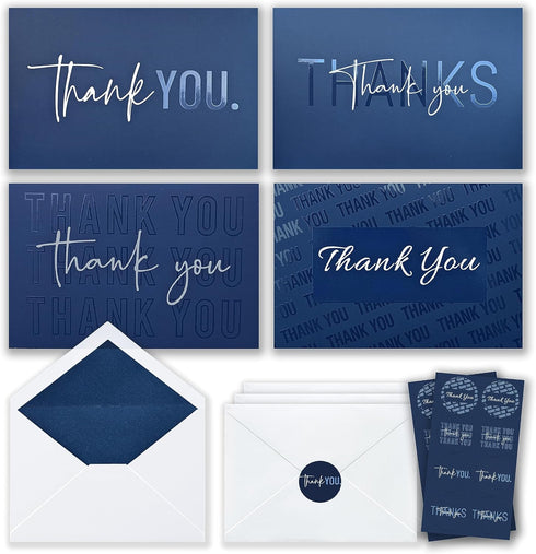 T&M Quality Designs LLC 100 Thank You Cards with Envelopes and Stickers - 4 Unique Navy