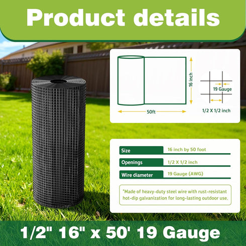 16" 50' 1/2inch 19 x Black Hardware Cloth - Gauge Chicken Wire Hot Dipped Galvanized Mesh Roll for Chicken Coop