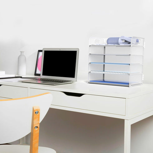 Letter Tray Paper Organizer, 5-Tier White Desk Organizer with Handle for Metal Desktop Document Shelf & Classroom