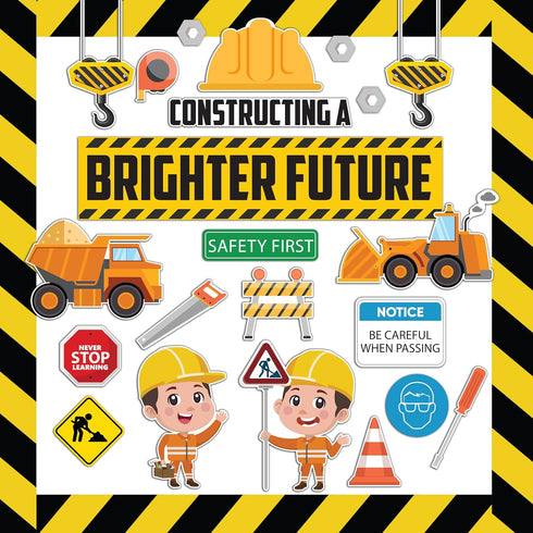 Decorably 81 Pcs Construction Theme Bulletin Board Decorations Set with Accompanying Borders for Classroom Decor