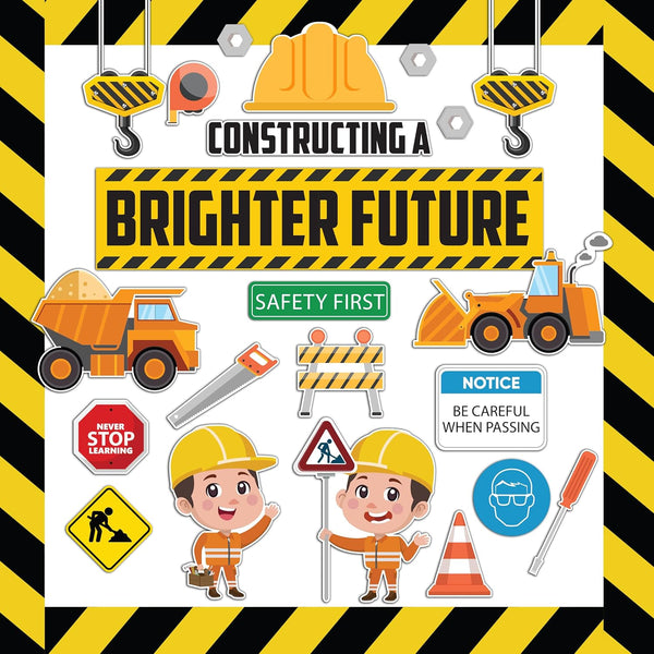 Decorably 81 Pcs Construction Theme Bulletin Board Decorations Set with Accompanying Borders for Classroom Decor