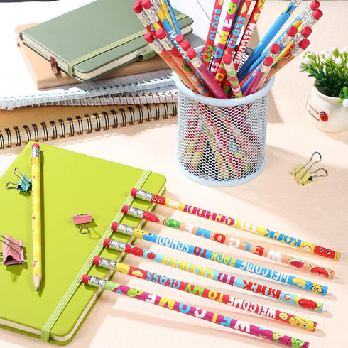 Yeaqee 60 Pcs Welcome Back to School Pencils with Eraser - Classroom HB Pencils Bulk for Kids Reward Supplies