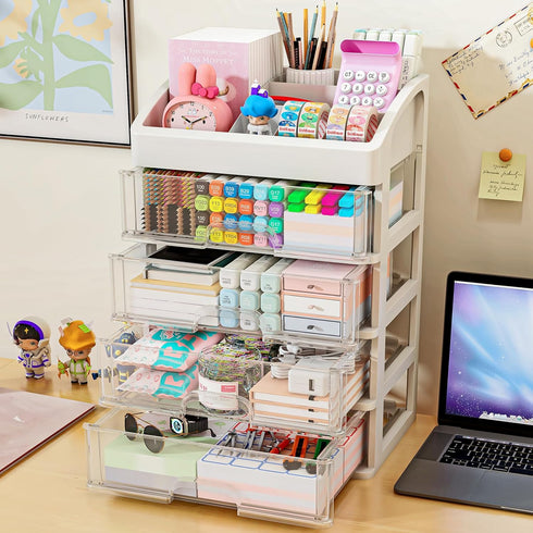 Desk Organizer with 4 Drawer Storage, Desktop Storage Drawers for Office/School Supplies, Makeup Organizer, Plastic