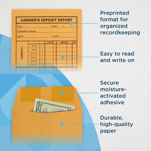 Guardian Cashier Deposit Report Envelopes with Gummed Flaps, Pack of 500 Cash Drop Envelopes for Small Businesses