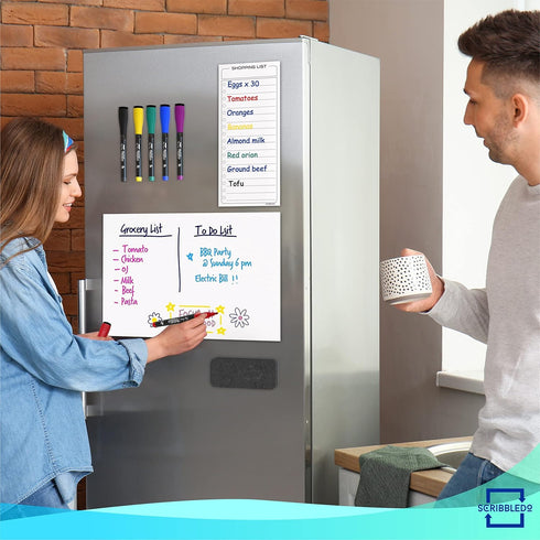 Magnetic Dry Erase Board for Fridge Whiteboard Magnetic White Board Refrigerator Magnet 8”X12” Magnetic Whiteboard for Fridge & Shopping Grocery List - 6 Dry Erase Markers Included by Scribbledo