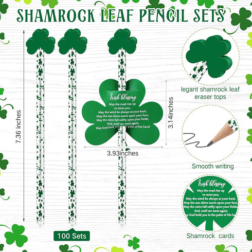 St. Patrick's Day Pencils Shamrock Pencils with St. Patrick's Day Card, Green Pencils with Shamrock Greeting Cards for Gift Prize Supplies (100 Sets) by Zhanmai