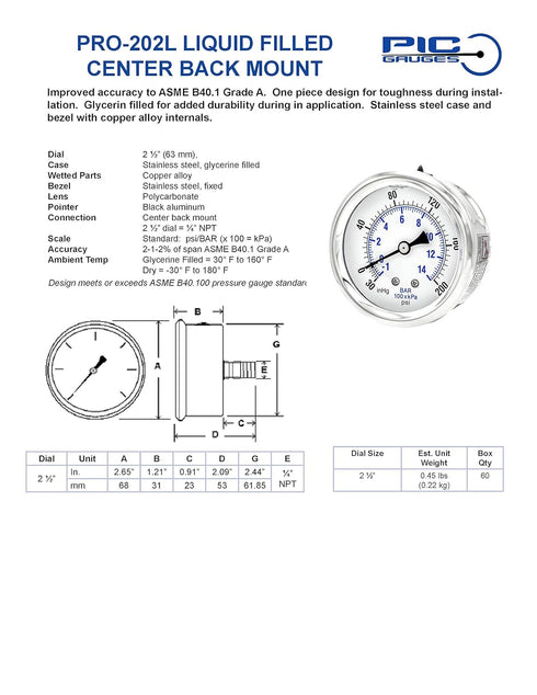 PIC Gauges PRO-202L-254M Center Back Mount Glycerin Filled Industrial Pressure Gauge, 2.5" Dial, 0/1000 psi Range