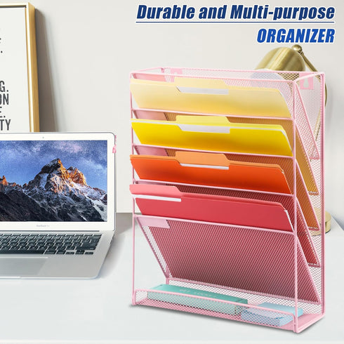 EASEPRES Wall File Holder Organizer - Cute Pink 5 Tier Hanging File Rack for Home Office Supplies